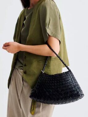 Dragon Diffusion Woven Leather Shoulder Bag Black Handmade Style